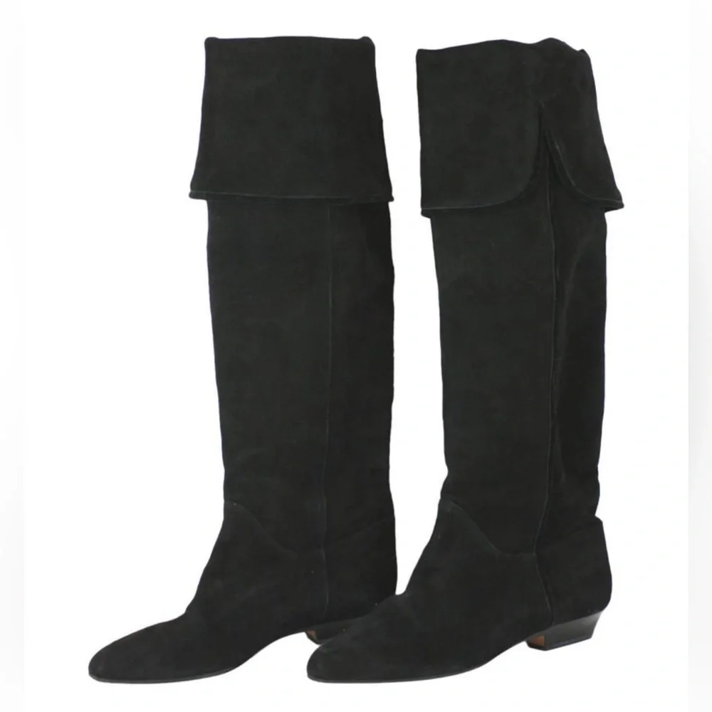 YSL Vintage High Black Suede Boots Over Knee Size 8.5